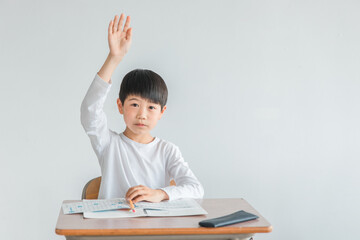 授業中に手を上げる男子小学生
