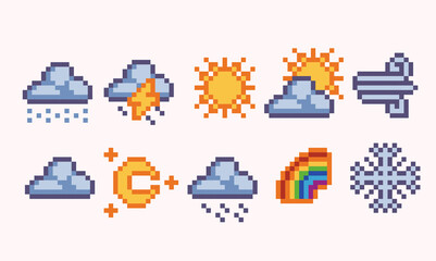 Weather icons pixel art set. Weather conditions, forecast collection. 8 bit sprite. Game development, mobile app.  Isolated vector illustration.