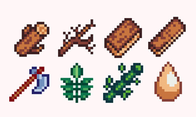 Forestry, logging, woodworking pixel art set. Timber wood, foliage, stem collection. 8 bit sprite. Game development, mobile app.  Isolated vector illustration. - obrazy, fototapety, plakaty