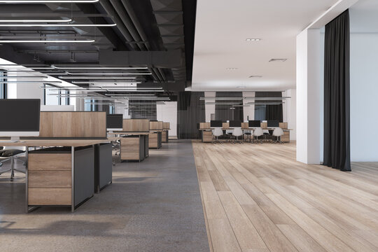 Luxury spacious hardwood and concrete coworking office interior with windows and city view, wooden parquet flooring, furniture and equipment. Workplace concept. 3D Rendering.
