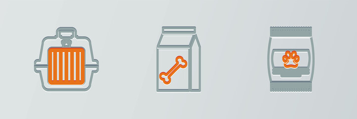 Set line Bag of food for pet, Pet carry case and icon. Vector