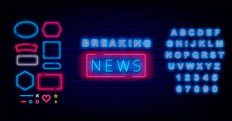 Breaking news neon signboard. Media banner concept. Shiny blue alphabet. Frames collection. Vector stock illustration