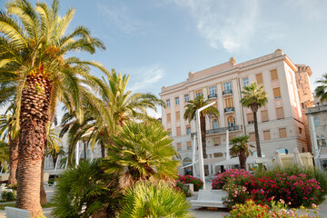 Fototapeta na wymiar Riva promenade street with palm trees in Split, Croatia