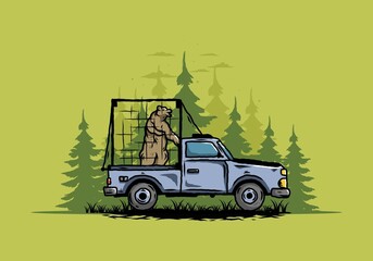 Big bear in cage on car illustration