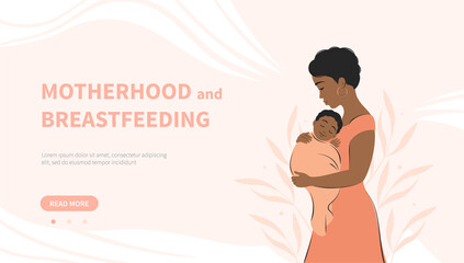 Banner about breastfeeding and motherhood. Dark skinned woman feeding baby. World Breastfeeding Week. Vector illustration.