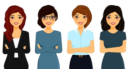 Four young business women in office clothes. Flat style on a white background. Cartoon.