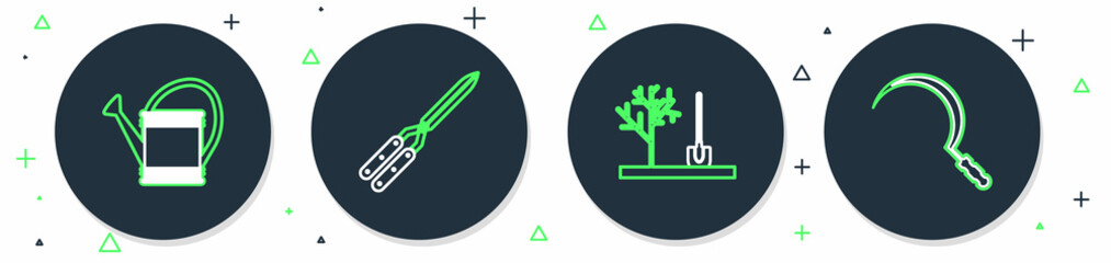 Set line Gardening handmade scissor, Planting tree the ground, Watering can and Bucket icon. Vector