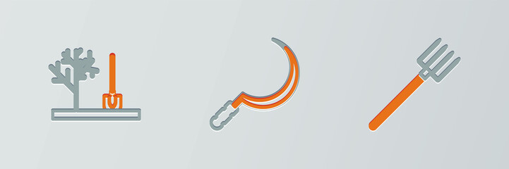 Set line Garden pitchfork, Planting tree in the ground and Sickle icon. Vector