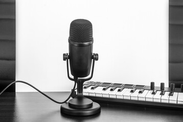 Home music studio: microphone, midi keyboard