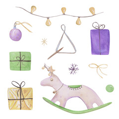 Christmas decoration set isolated on a white background. Christmas tree decor, gifts, reindeer with gold jingle bells and green saddle, light garland, and gifts. Set of 11 watercolor holiday objects.