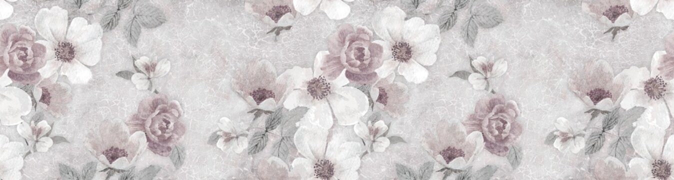 Pink Flowers on the old crackle wall background, wallpaper design