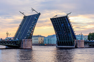 Fototapeta na wymiar Raised Palace bridge at white night, Saint Petersburg, Russia