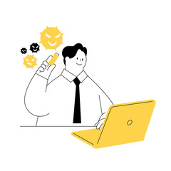 Vector illustration of a businessman trying to use a USB infected with a computer virus.