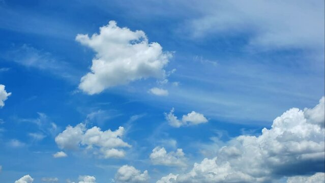Blue sky white clouds. Puffy fluffy white clouds. Cumulus cloud cloudscape timelapse. Summer blue sky time lapse. White clouds background. Cloud time lapse nature background.