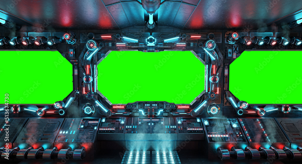 Poster Dark spaceship interior with isolated window. Futuristic spacecraft with glowing blue and red control panels and empty view. 3D rendering