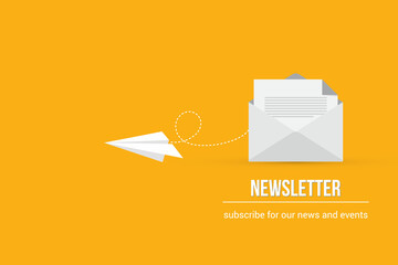 Newsletter. vector illustration of email marketing. subscription to newsletter, news, offers, promotions. a letter and envelope. subscribe, submit. send by mail. - obrazy, fototapety, plakaty