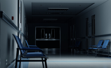 Long dark hospital corridor with rooms and seats 3D rendering. Empty accident and emergency interior with bright lights lighting the hall from the ceiling