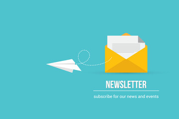 Newsletter. vector illustration of email marketing. subscription to newsletter, news, offers, promotions. a letter and envelope. subscribe, submit. send by mail.