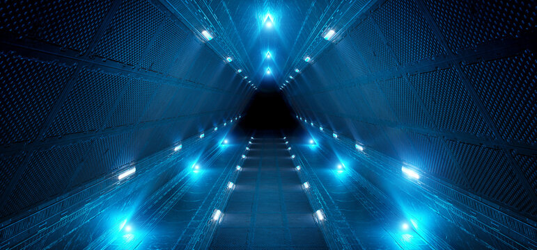 Futuristic interior corridor with blue neon lights walls. Triangle shaped spaceship background in space station. Pyramid style tunnel with lit path way. Cyber room with laser. 3d rendering