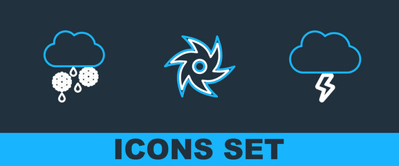 Set line Storm, Cloud with snow and rain and Tornado icon. Vector