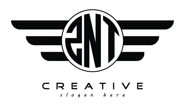 ZNT three letter circle with wings logo design vector template. wordmark logo | emblem logo | monogram logo | initial letter logo | typography logo | business logo | minimalist logo |
