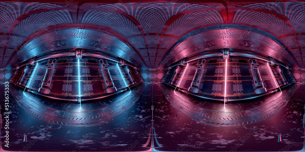 Fototapete hdri panoramic view of dark blue pink spaceship interior. high resolution 360 degrees panorama refle