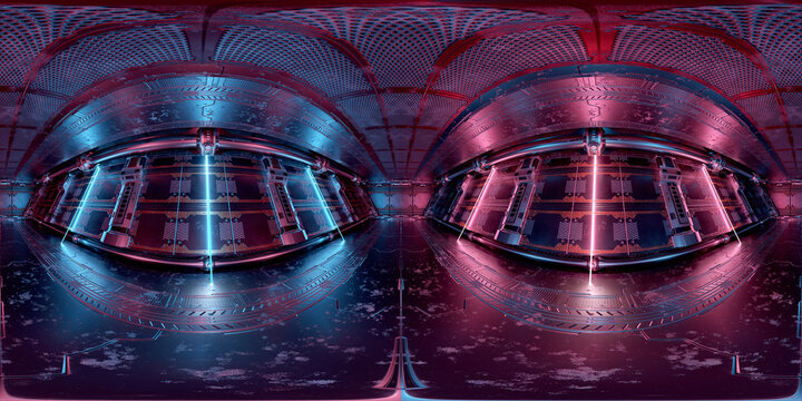 HDRI panoramic view of dark blue pink spaceship interior. High resolution 360 degrees panorama reflection mapping of a futuristic spacecraft 3D rendering