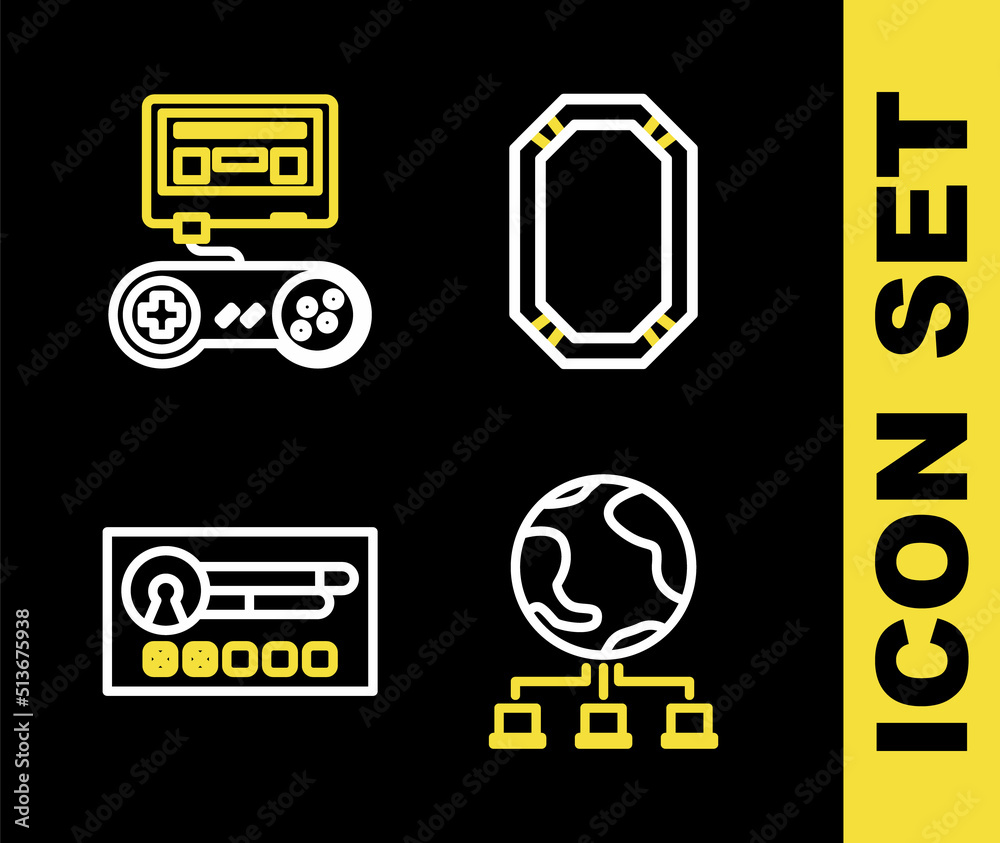 Poster set line poker table, computer network, create account screen and game console with joystick icon. v