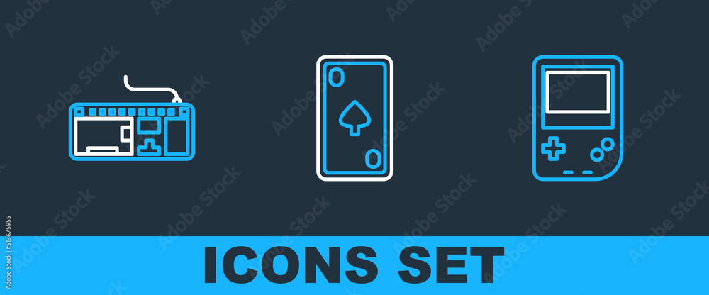 Poster set line portable video game console, computer keyboard and playing card with diamonds icon. vector