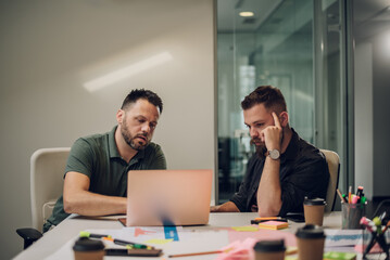 Two male colleagues having a meeting in an office and using a laptop