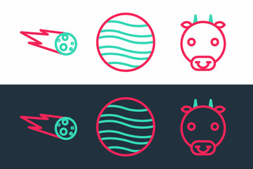 Set line Ox zodiac, Comet falling down fast and Planet Jupiter icon. Vector