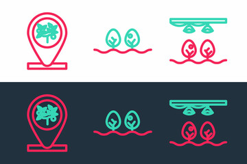 Set line Smart farm with bulb and plant, Location tree and Plant icon. Vector