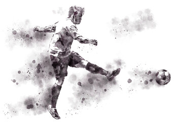 Fototapeta na wymiar A soccer player and a soccer ball painted with watercolor effects.