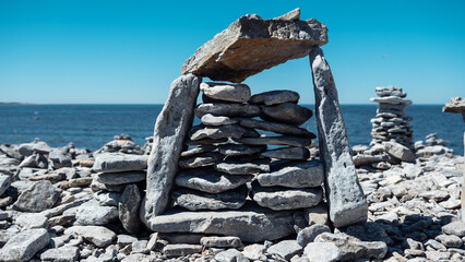 Stone figures on the beach of the Sorve Peninsula in the Ojessaare Nature Reserve. Estonia,...