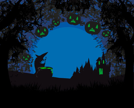 Halloween night frame with scary haunted castle and a witch preparing poison