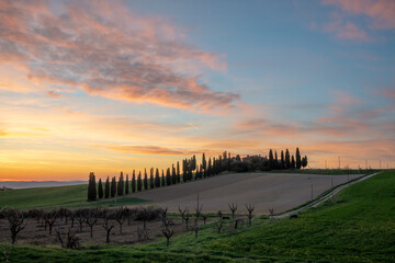 Fototapeta na wymiar Tuscany landscape panorama at sunrise, Val d'Orcia, Italy