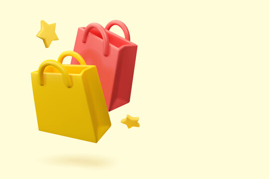 3d Shopping Bag Banner Template. Vector Render Mockup With Gift Bags And Stars. Sale Concept