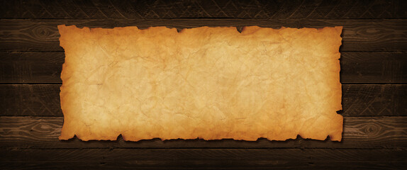 Old paper horizontal banner. Parchment scroll on a wood board - obrazy, fototapety, plakaty