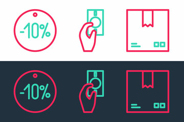 Set line Cardboard box with traffic symbol, Ten discount percent tag and Hand holding money icon. Vector
