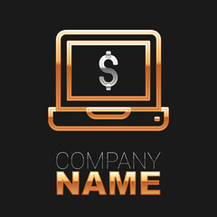 Line Laptop with dollar icon isolated on black background. Sending money around the world, money transfer, online banking, financial transaction. Colorful outline concept. Vector