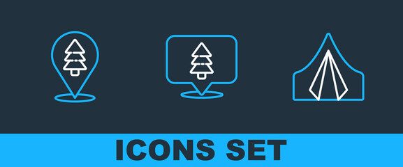 Set line Tourist tent, Location of the forest and icon. Vector