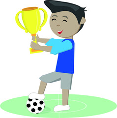 vector illustration cartoon boy soccer player with champion cup in hand