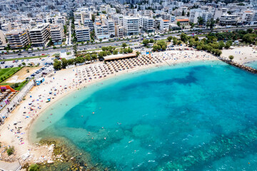 Aerial view of the popular Kalamaki beach at the south riviera of Athens, Greece - obrazy, fototapety, plakaty