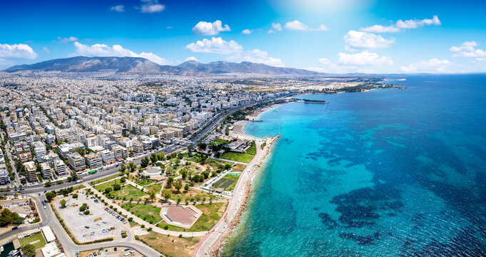 Aerial view of the Kalamaki area at the south Athens Riviera, Greece, with beautiful beaches, parks and restaurants