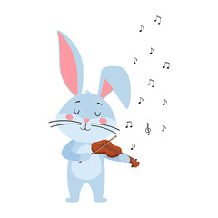 Cute cartoon rabbit or hare. Rabbit  plays the violin. Printing on children's T-shirts, greeting cards, posters. Hand-drawn vector stock illustration isolated on white background