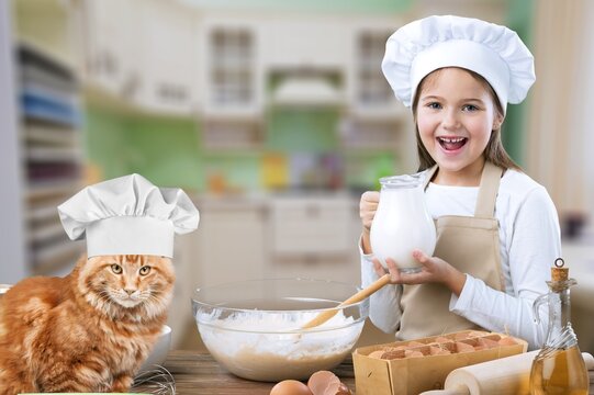 The cat chef sits at the kitchen table in a chefs hat with food.