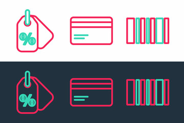 Set line Barcode, Discount percent tag and Credit card icon. Vector