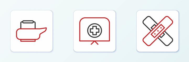 Obraz premium Set line Crossed bandage plaster, Bedpan and Nurse hat with cross icon. Vector