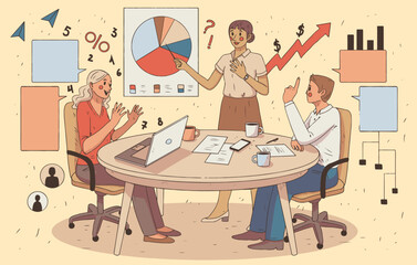 A group of colleagues are discussing something in the office. Colorful illustration for business and office theme.