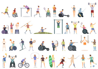 Fototapeta na wymiar Disabled sport icons set cartoon vector. Handicap athlete. Blind fencing